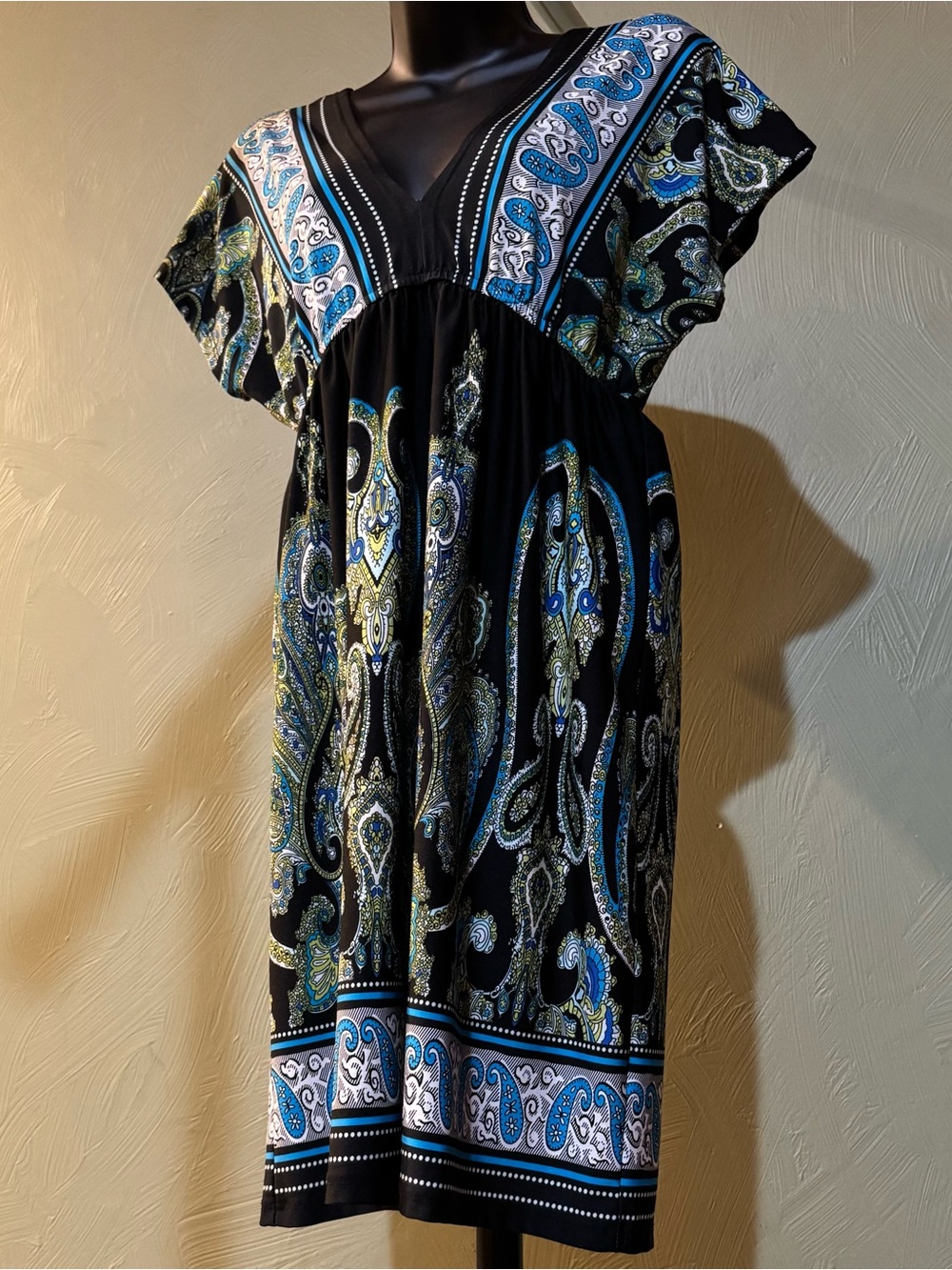 Bailey Blue Paisley V-Neck Dress Empire Waist Women's Size M Black Blue Green - Picture 12 of 13